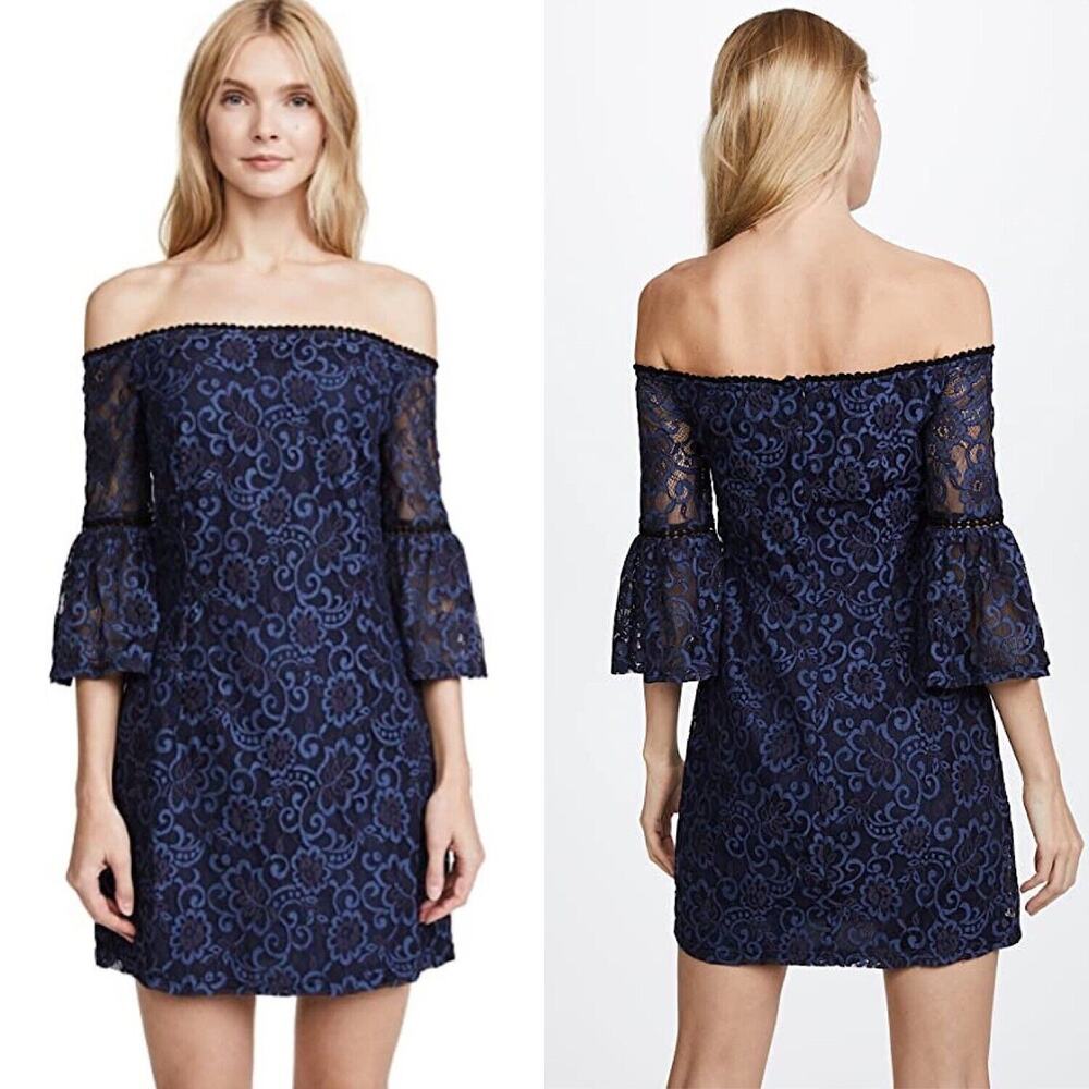 BB Dakota Danlyn NWT Navy Blue Lace Off-the-Shoulder Mini Dress Sz 8 Flounce Slv